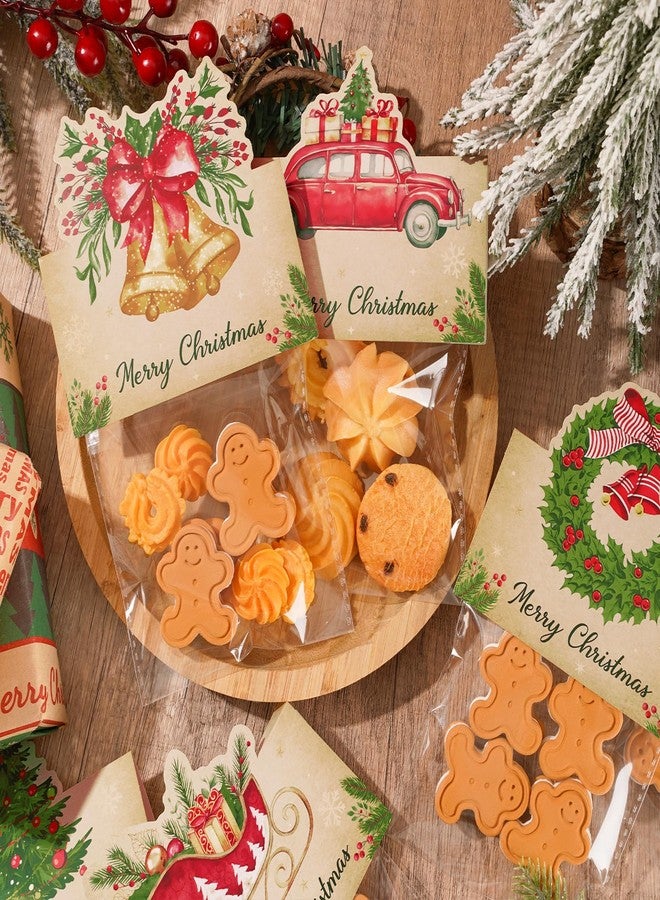 Whaline 60 Set Christmas Vintage Self-Adhesive Goodie Bag with Topper Magic Reindeer Food Candy Cello Bag Merry Christmas Plastic Xmas Favor Treat Bag for Winter Holiday Party Wrapping Baking Food - Image 4